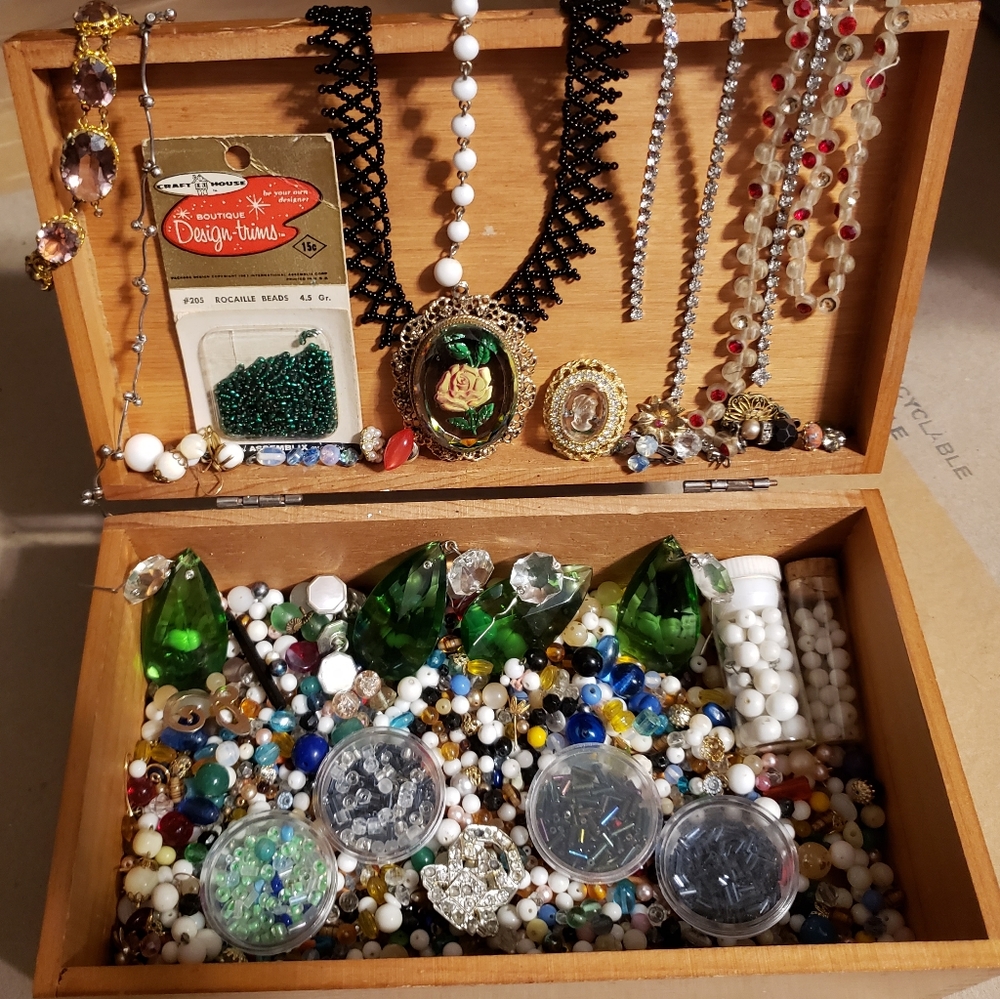 Vintage Solid Wood Jewelry Box with beads
